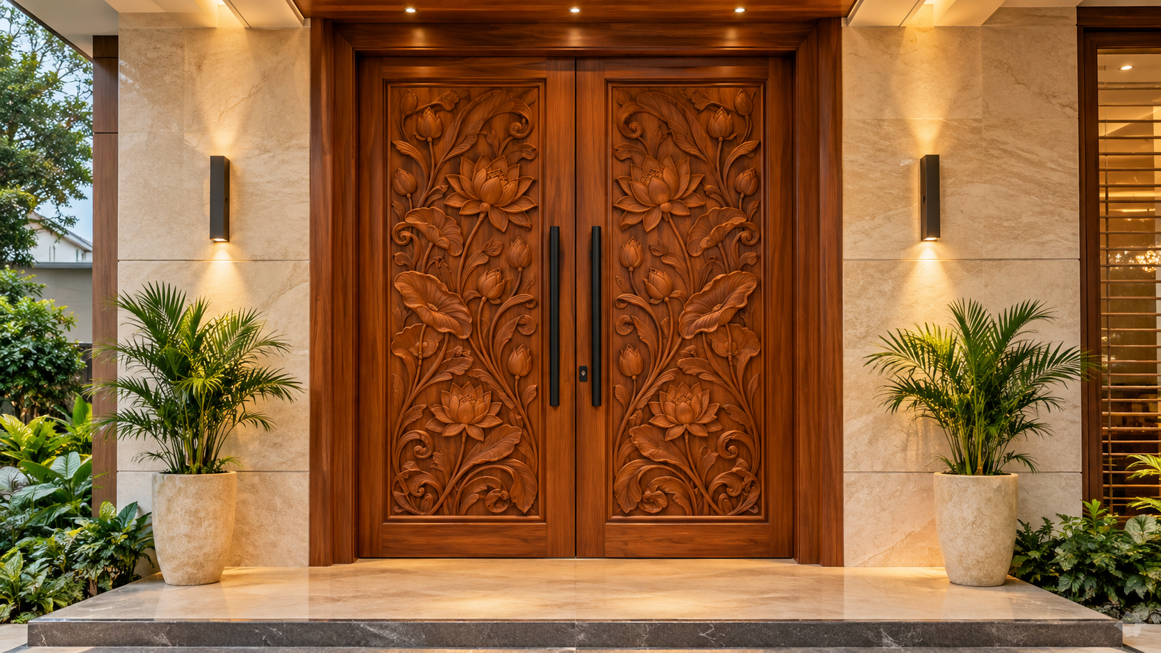 Warmly lit CNC-carved wooden main door with an intricate lotus design